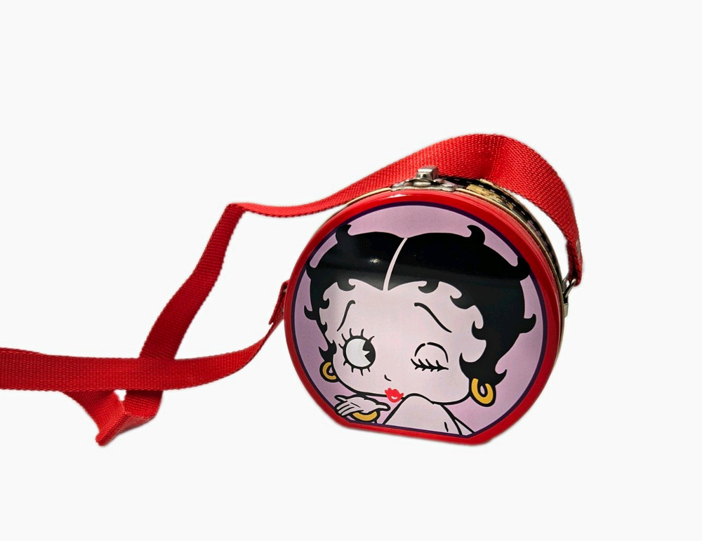 Vintage Betty Boop Round Tin Storage Box w/ Strap, Red/Black (1999)